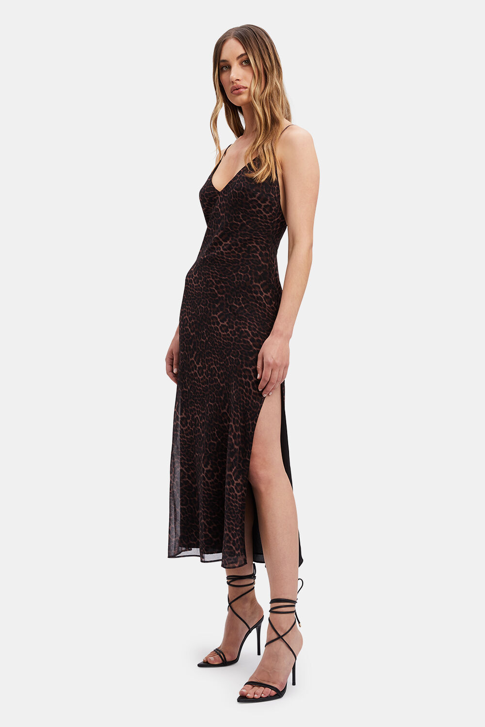 LEOPARD SLIP MIDI DRESS in colour LATTE