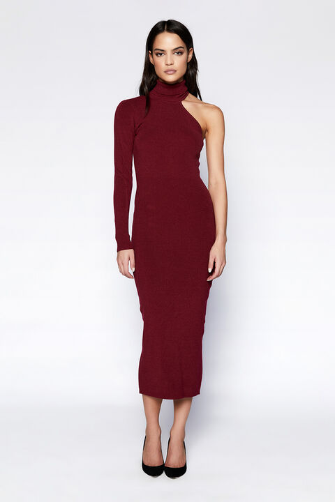 ASYMMETRIC SLV KNIT DRESS in colour CORDOVAN