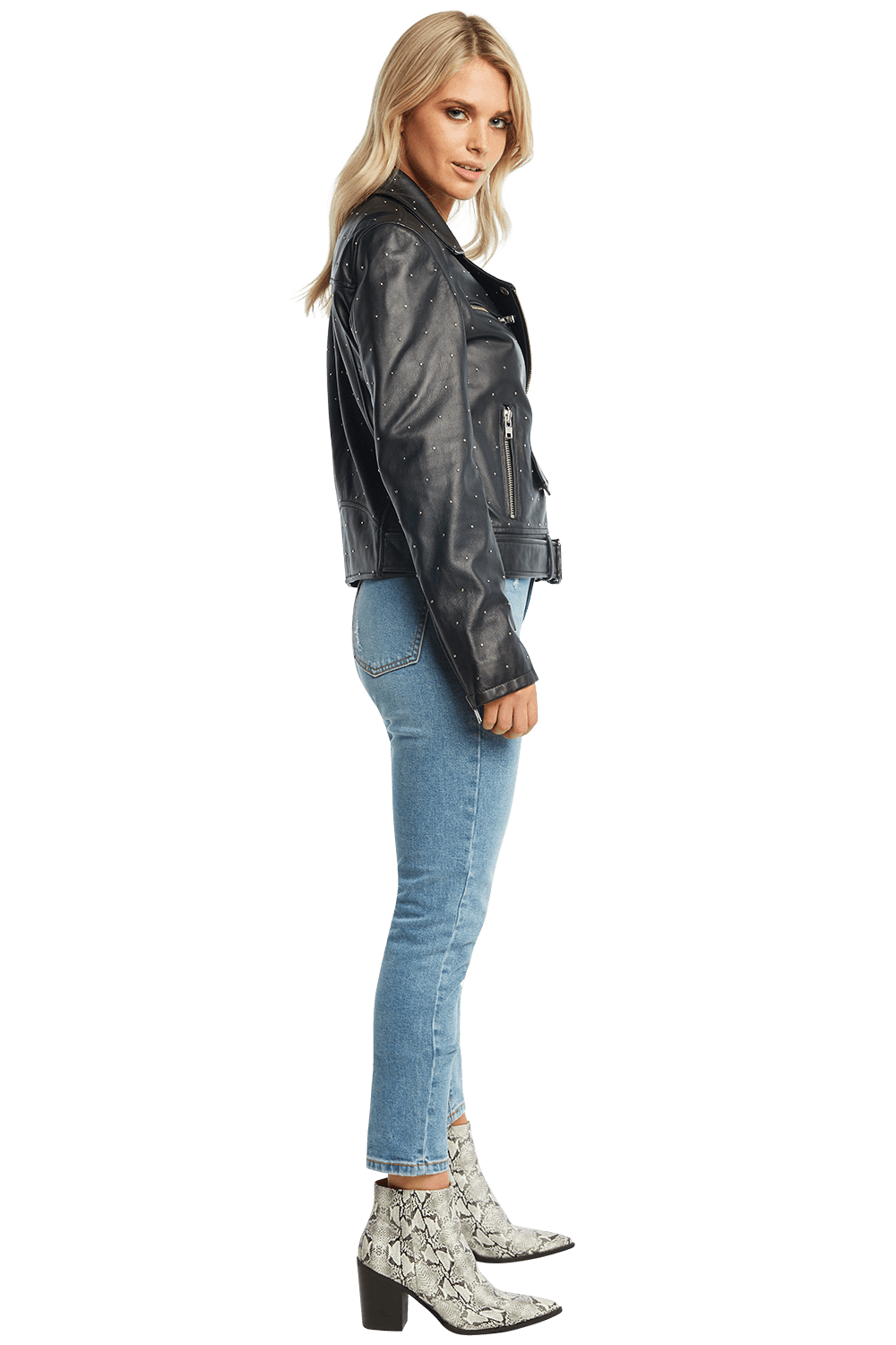 KIRA LEATHER BIKER JACKET in colour CAVIAR