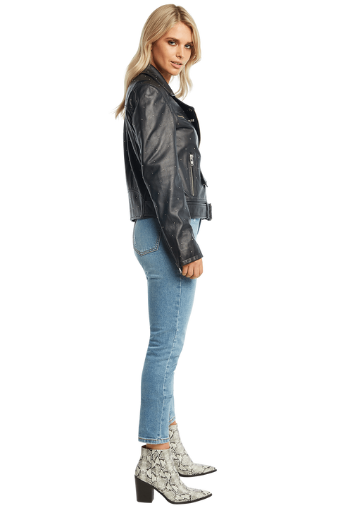 KIRA LEATHER BIKER JACKET in colour CAVIAR