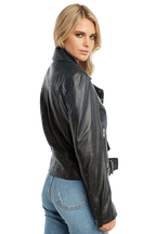 KIRA LEATHER BIKER JACKET in colour CAVIAR