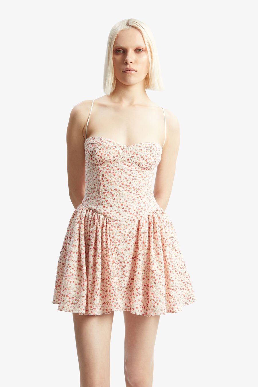 ESTIE EMBROIDERED MINI DRESS in colour RED FLORAL