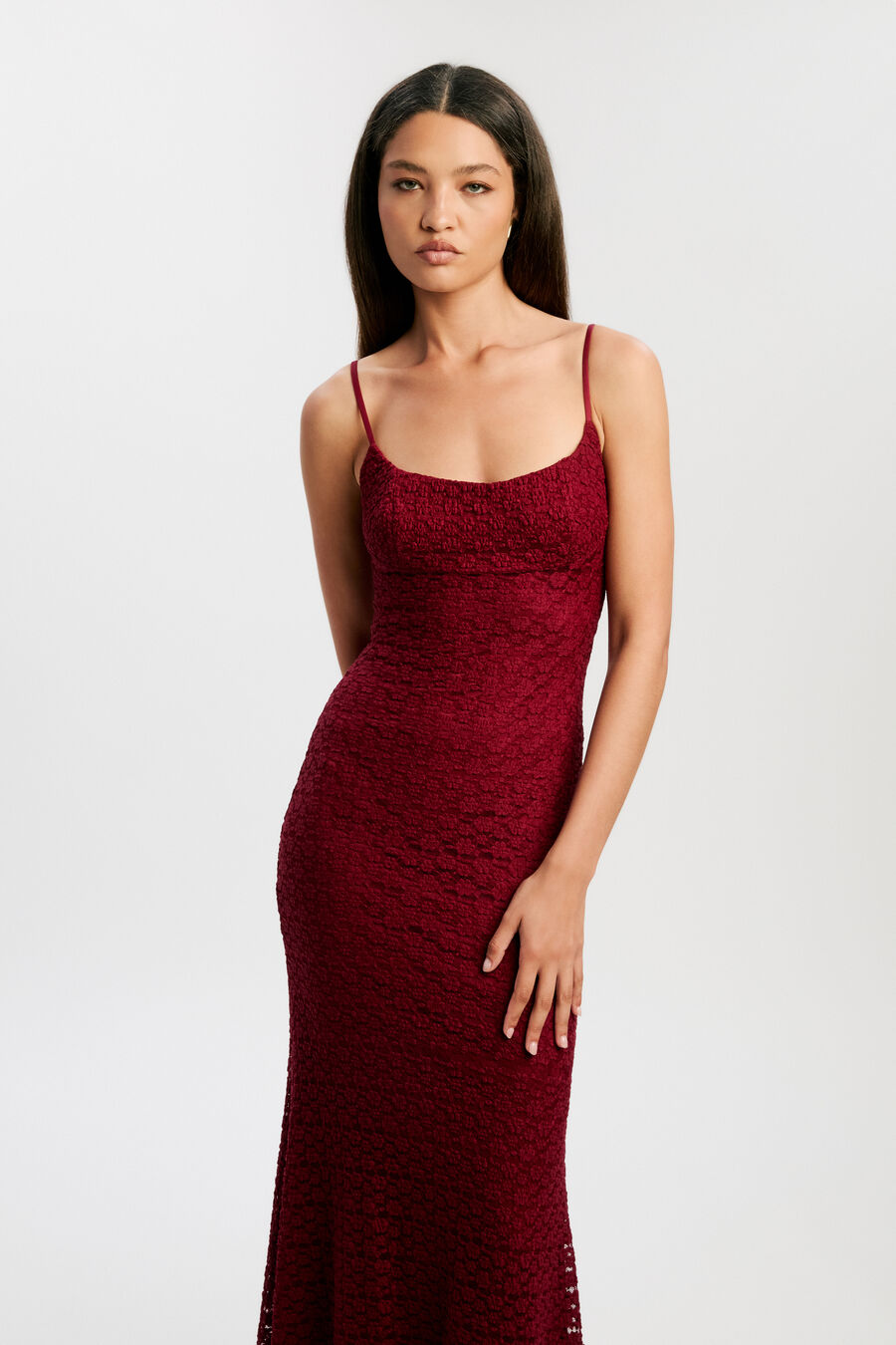 LOUISA MESH MIDI DRESS in colour BURGUNDY
