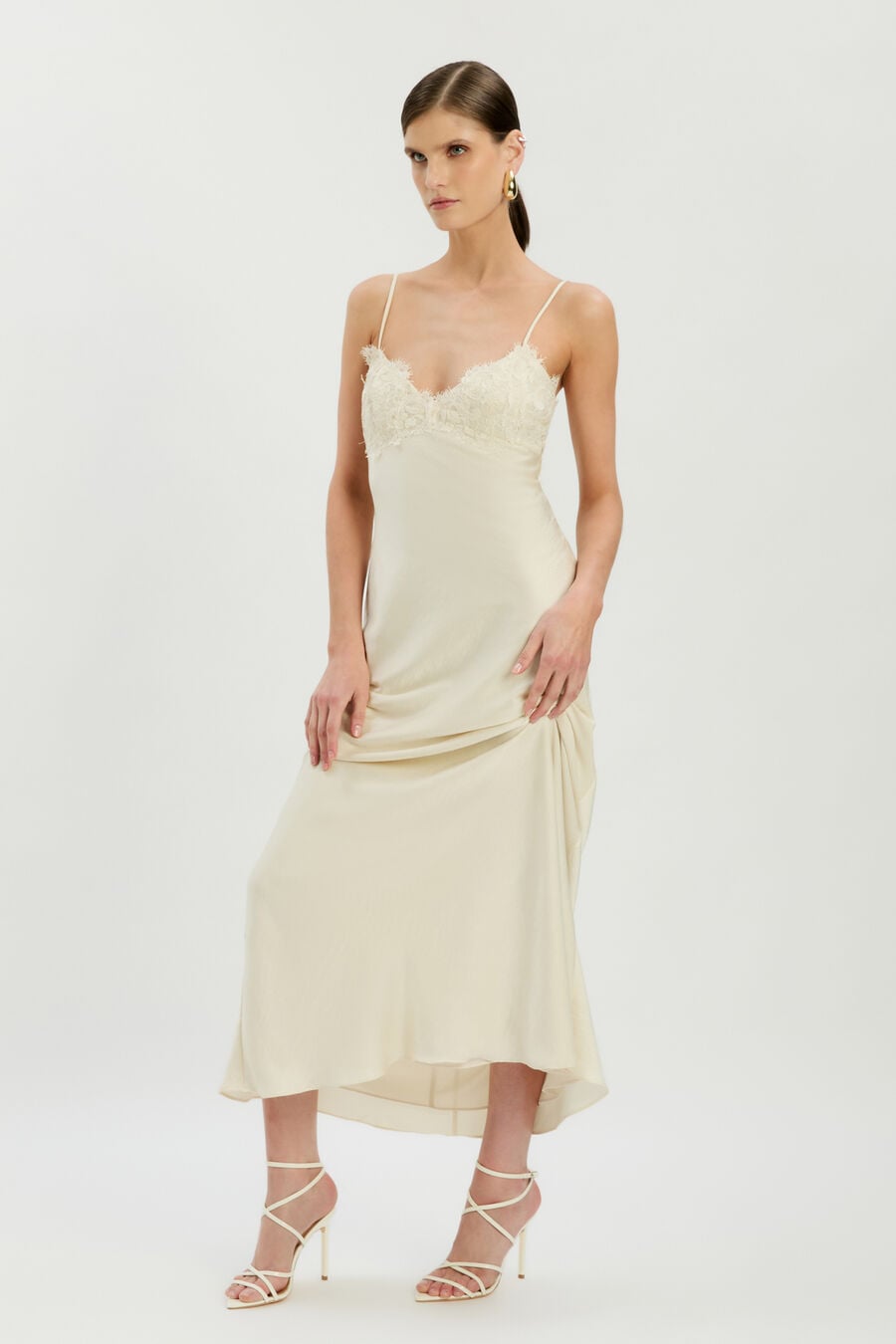 ELISAN LACE SATIN MAXI DRESS in colour IVORY