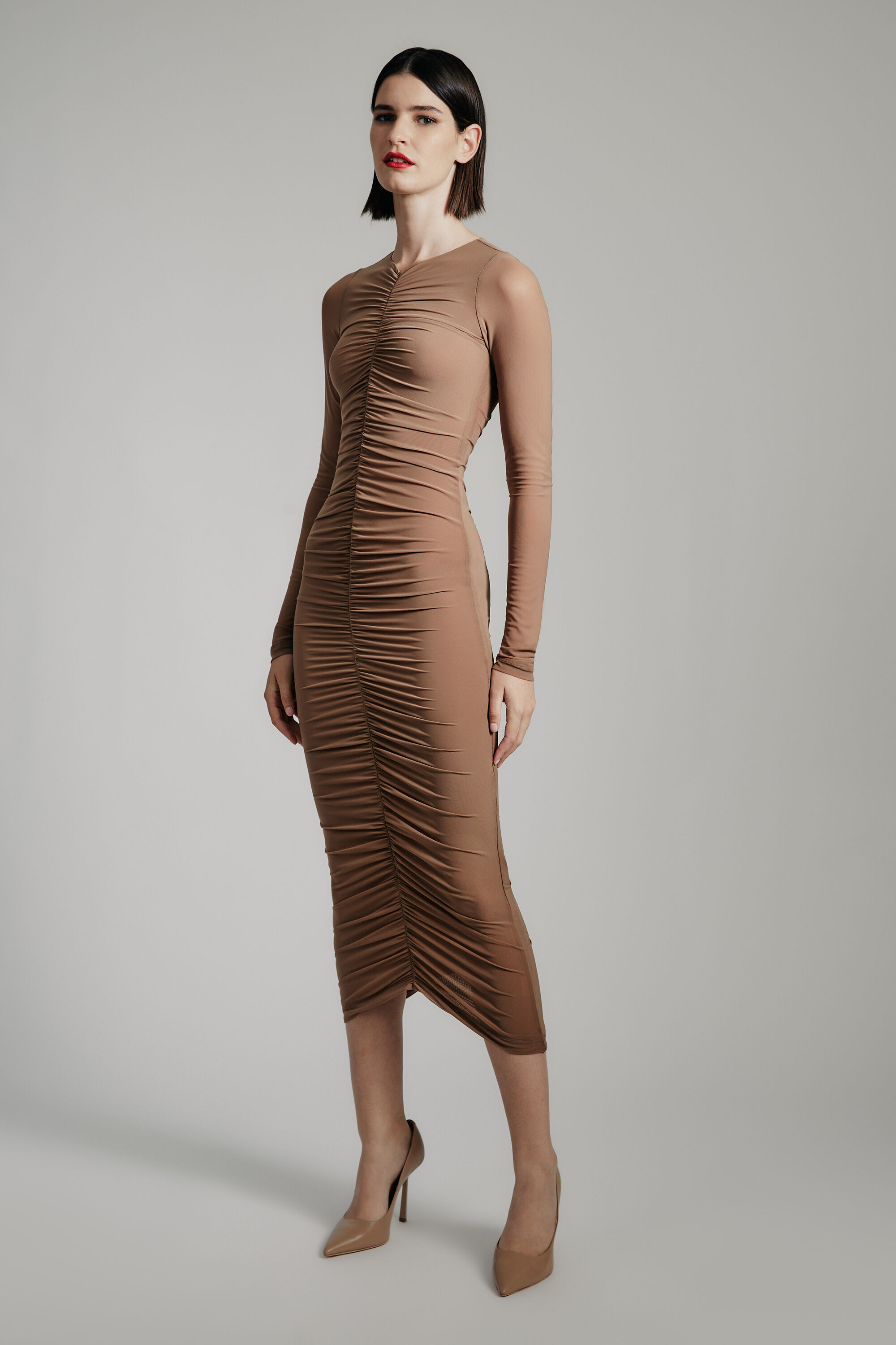 Tan mesh maxi dress top
