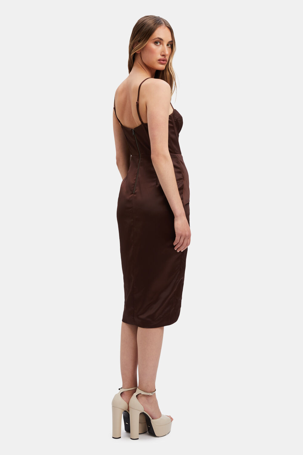 LUMINARY MIDI CORSET DRESS in colour CHOCOLATE BROWN