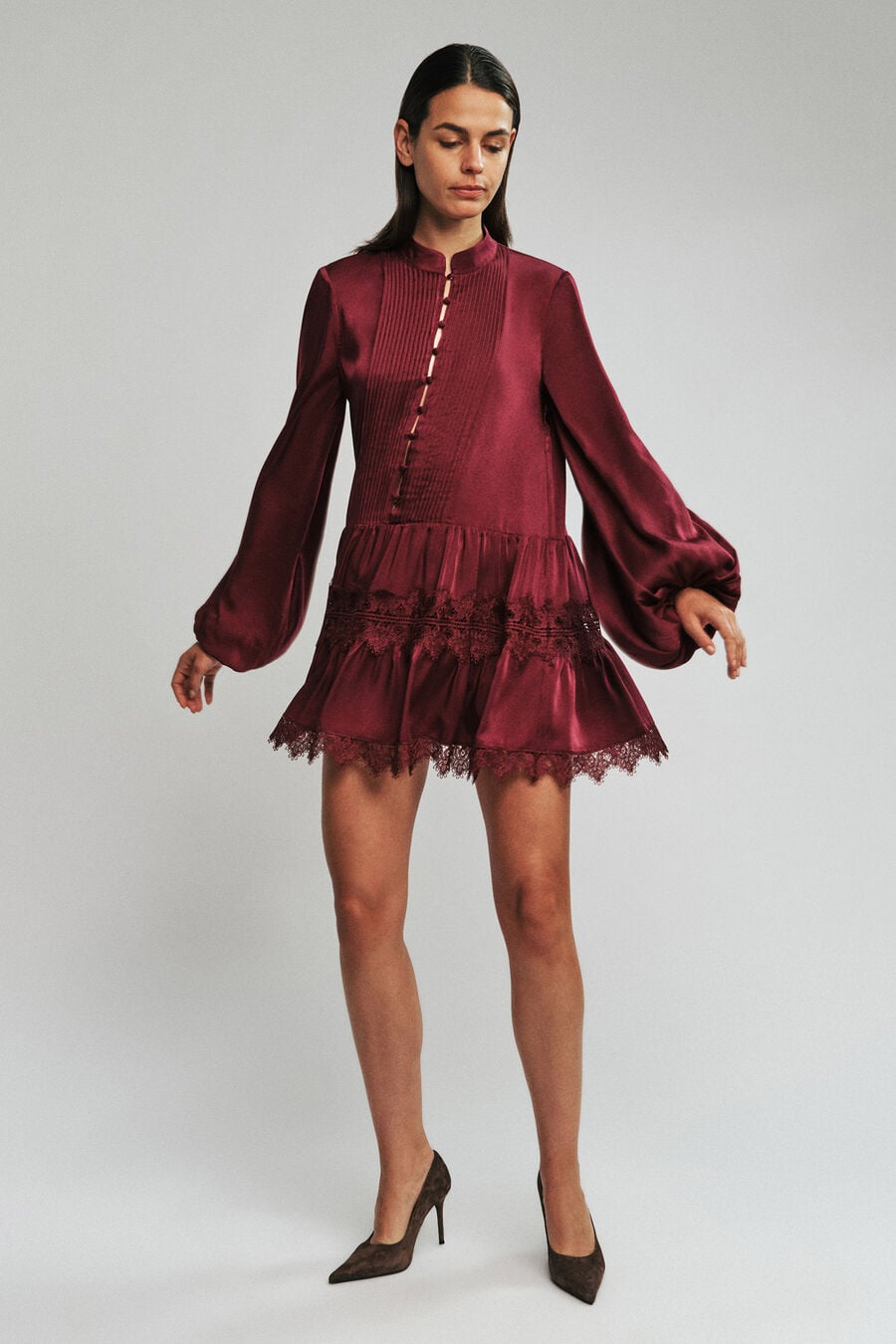 ANTONIA LACE TRIM MINI DRESS in colour Mulberry