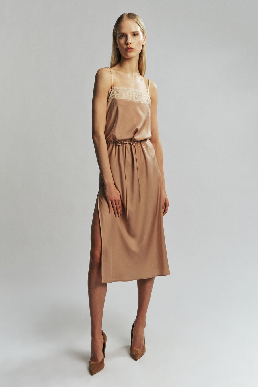 Olina Lace Satin Midi Dress