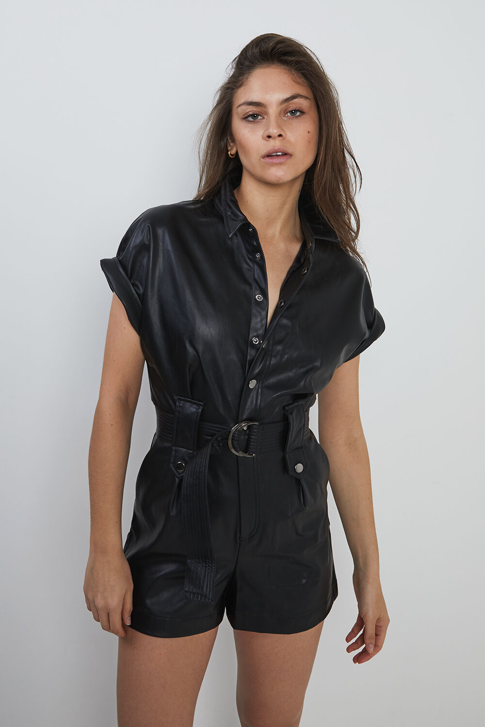 zip up faux leather playsuit with short sleeves