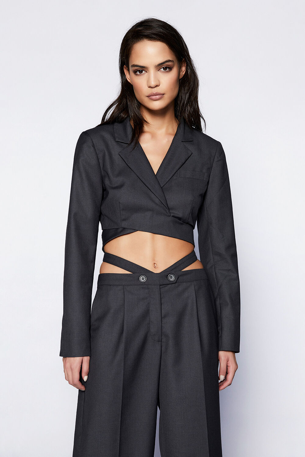 CROPPED WRAP FRONT BLAZER in colour JET BLACK