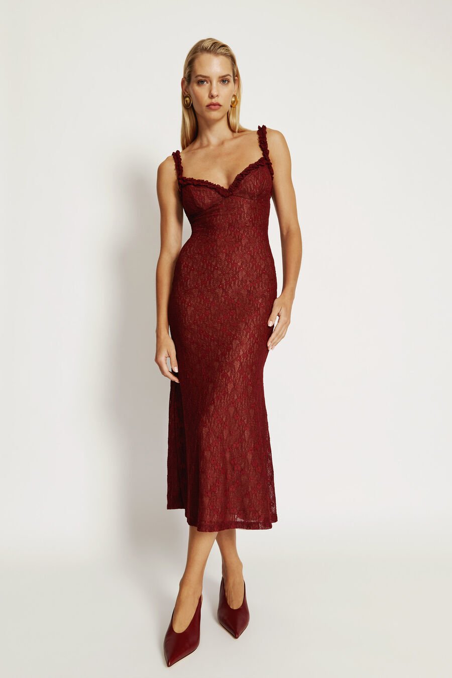 ALEGRA STRETCH LACE MIDI DRESS in colour BURGUNDY