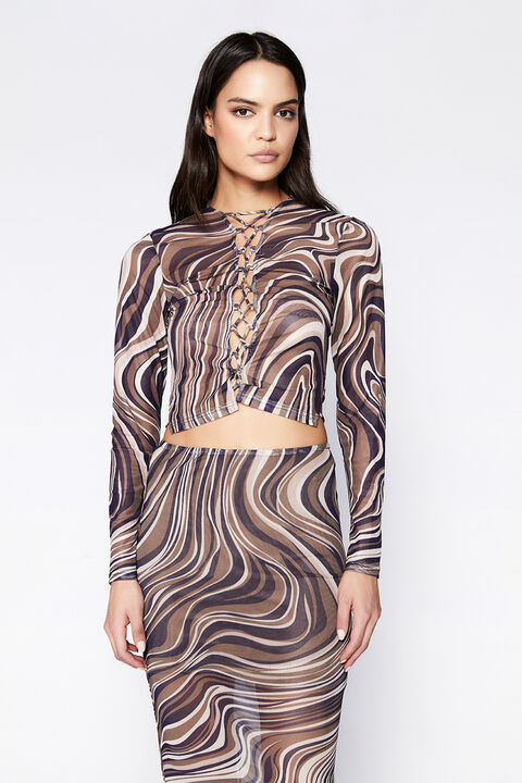 ZENDAYA MESH TOP in colour BROWN SWIRL