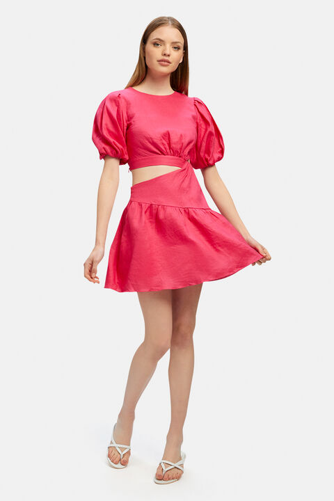 MIMI LINEN MINI DRESS in colour HOT PINK