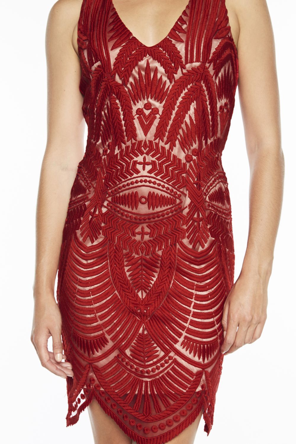 bardot embroidered mesh dress