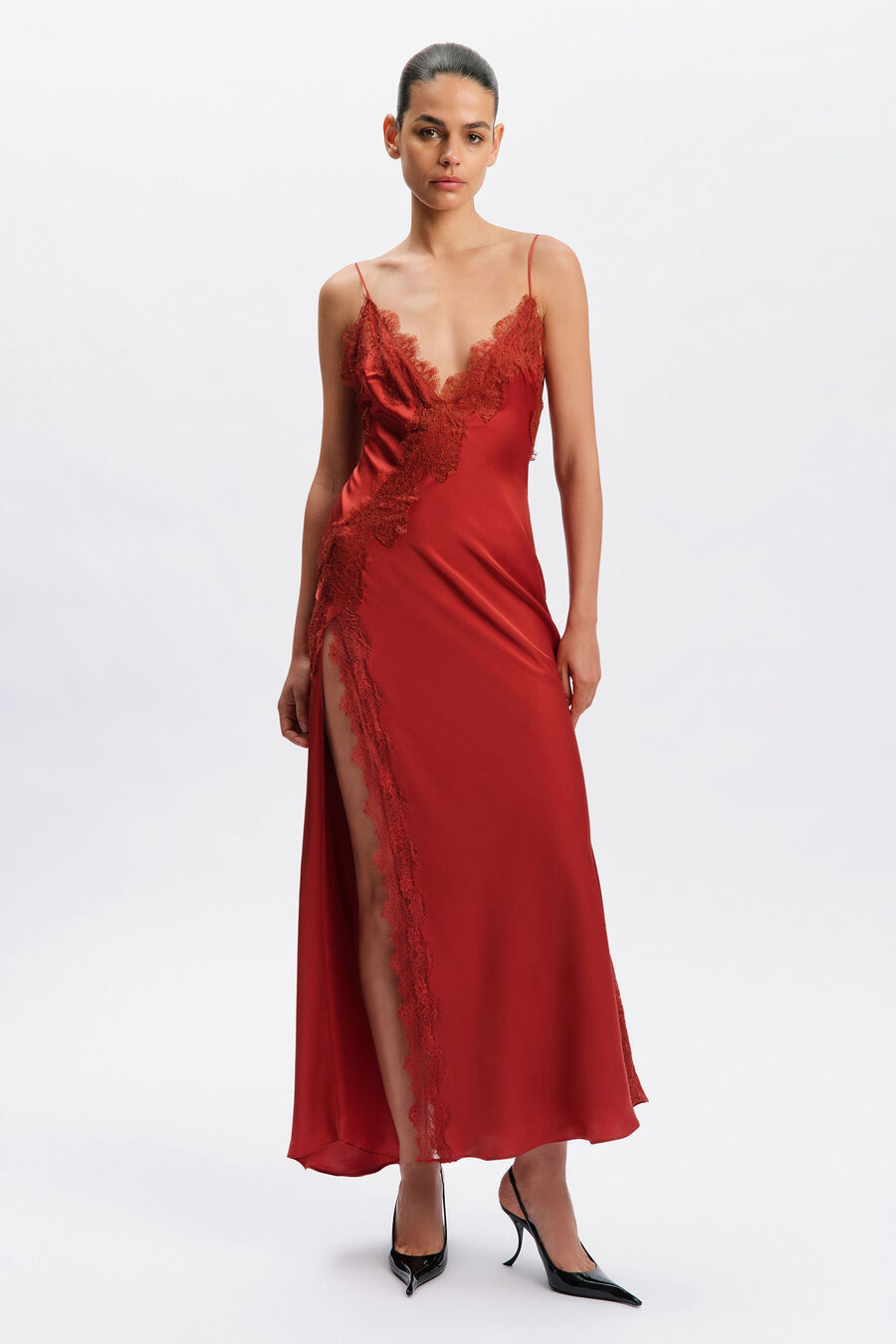 SERENA LACE DETAIL MAXI DRESS in colour Rust Red