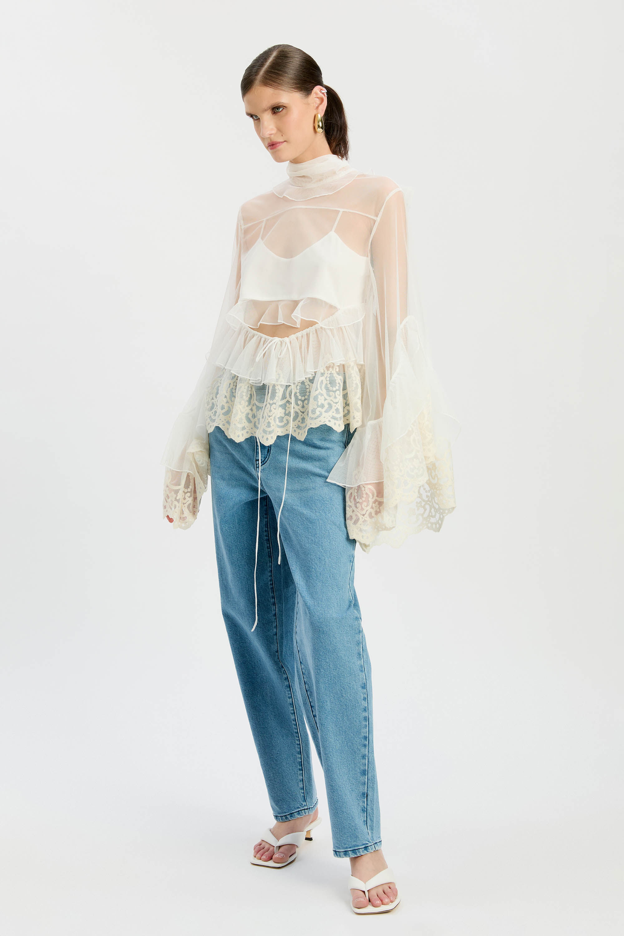 Anyssa Lace Edge Ruffe Blouse In Ivory | Bardot