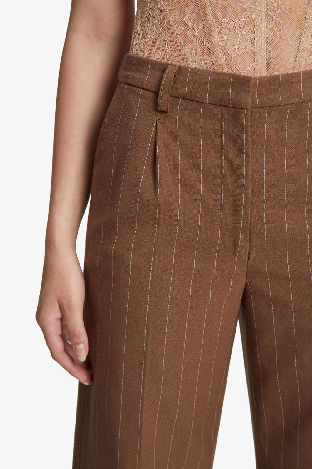 PIN STRIPE STRAIGHT PANT in colour CHESTNUT STRIPE