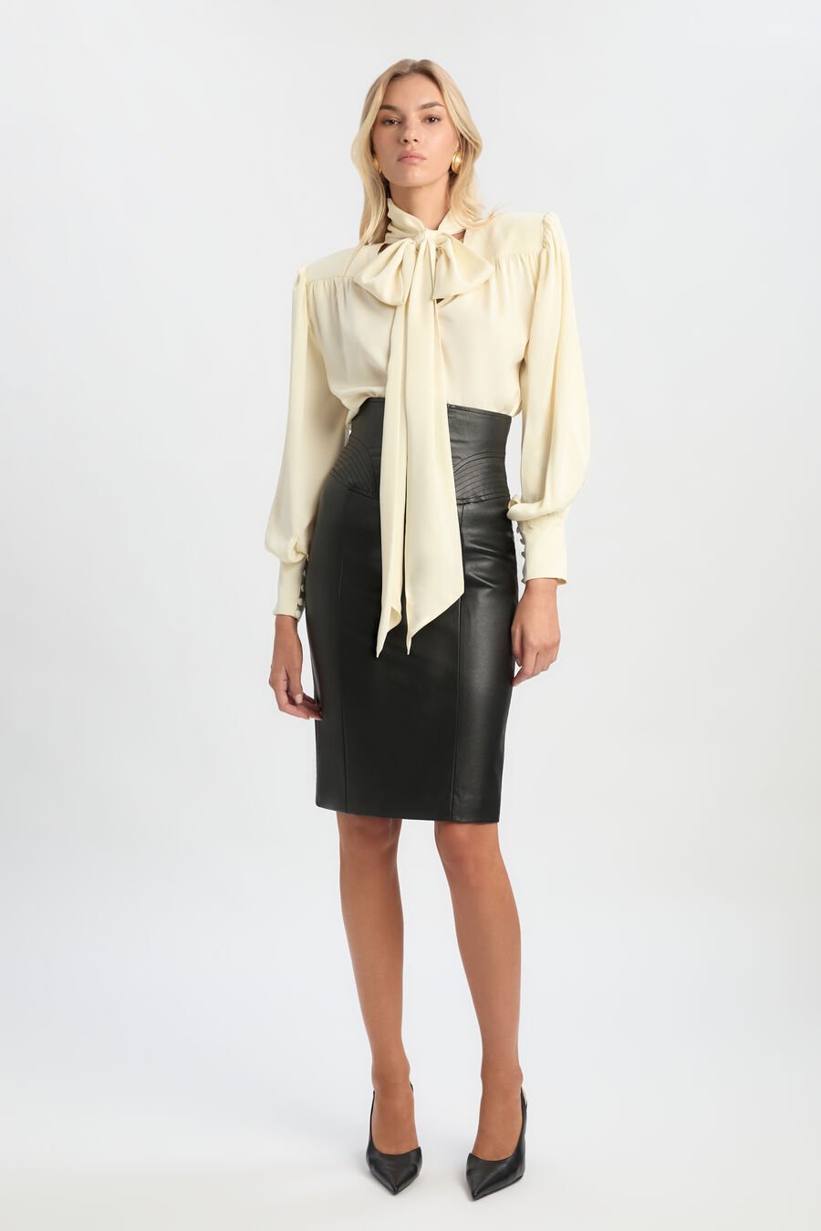 REVANA SATIN TIE NECK BLOUSE in colour Ivory