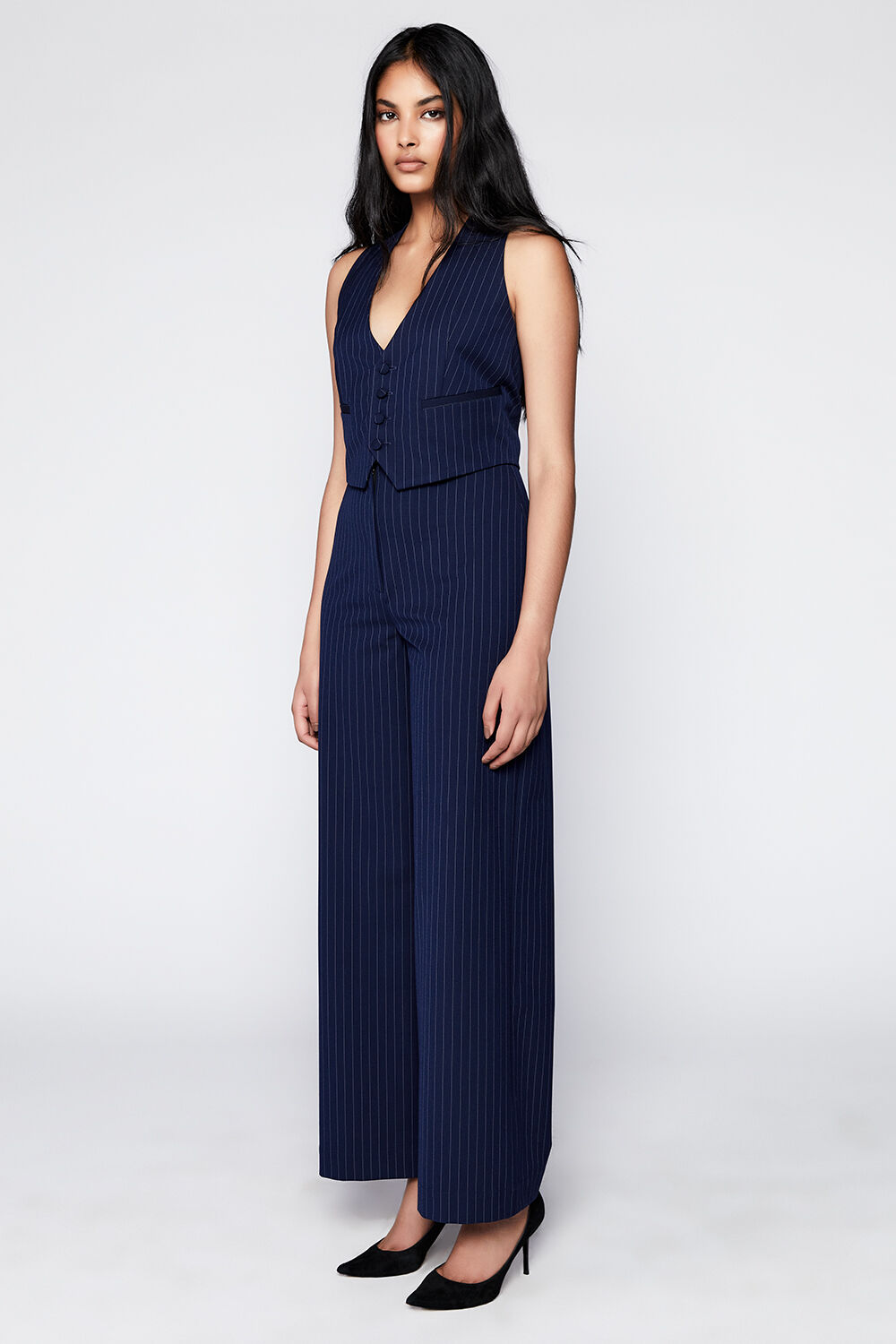 PIN STRIPE WIDE LEG PANT in colour BLACK IRIS