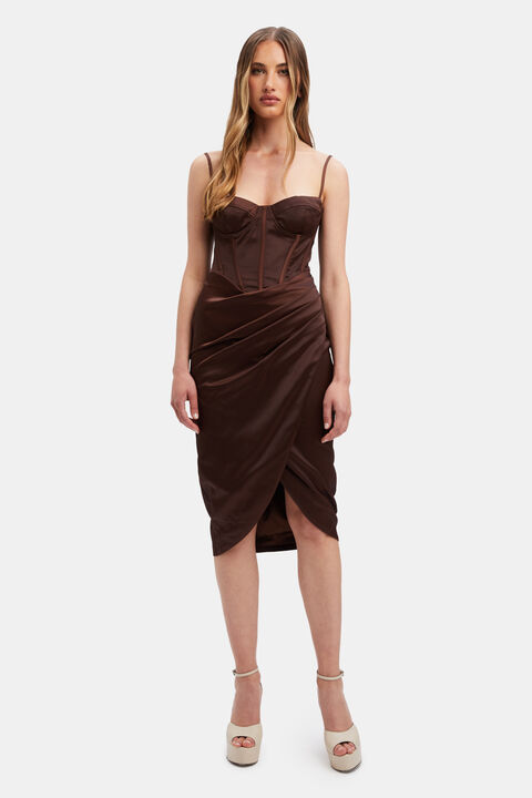 LUMINARY MIDI CORSET DRESS in colour CHOCOLATE BROWN