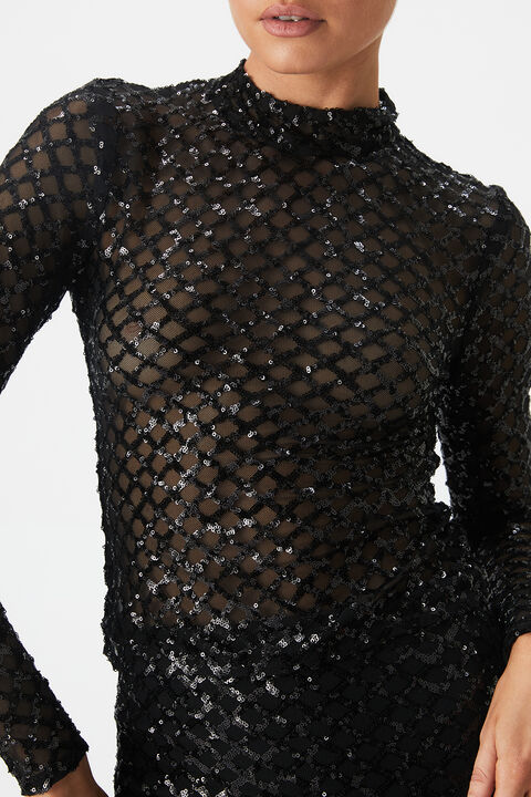 SEQUIN MESH TOP in colour CAVIAR