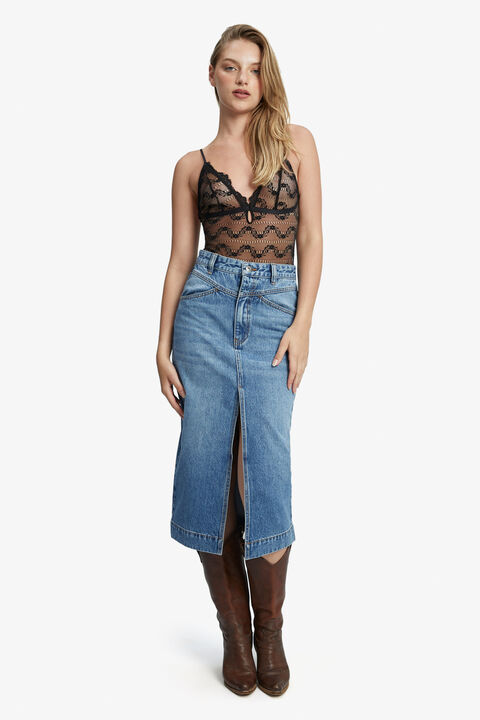 Jonah Midi Denim Skirt in colour MIDNIGHT NAVY