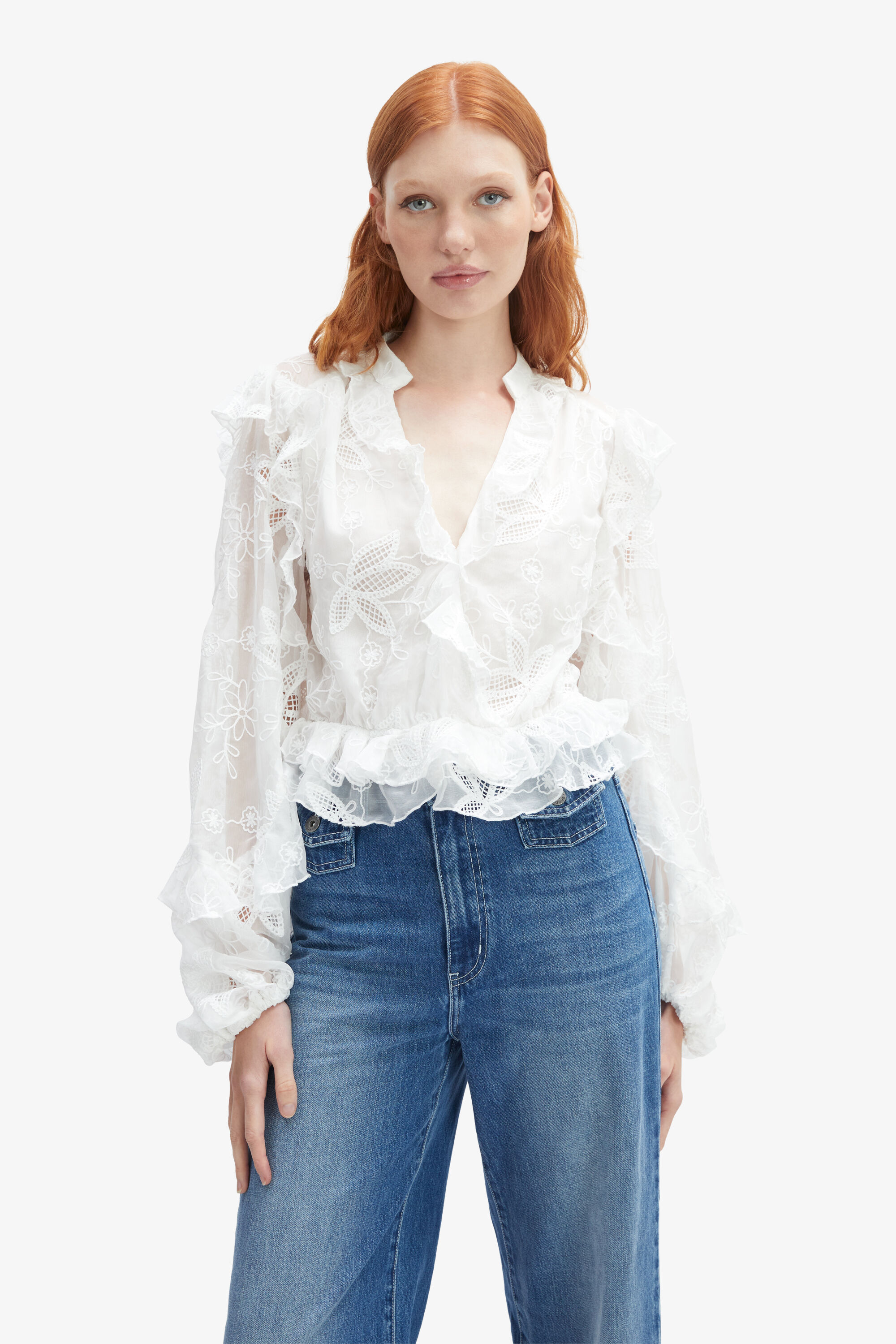 Frill Embroidered Blouse In Orchid White | Bardot