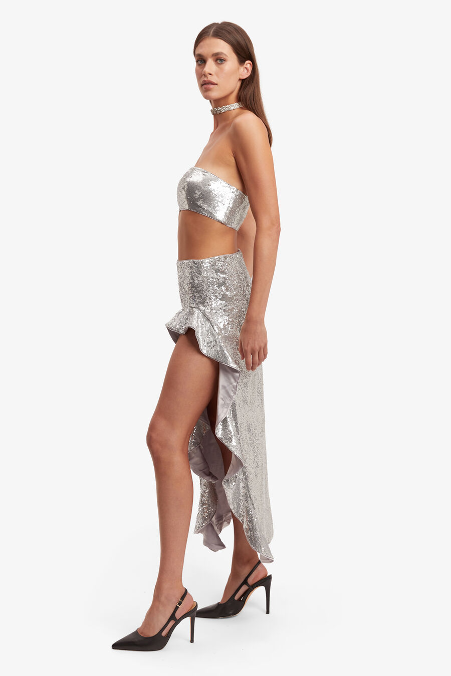 SUZU SEQUIN MAXI SKIRT in colour SILVER SEQ