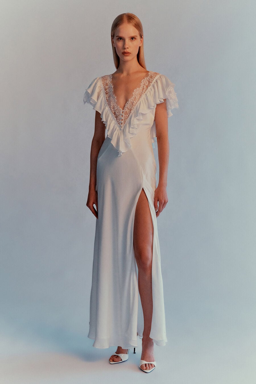 CELESTE RUFFLE MAXI DRESS in colour Orchid White