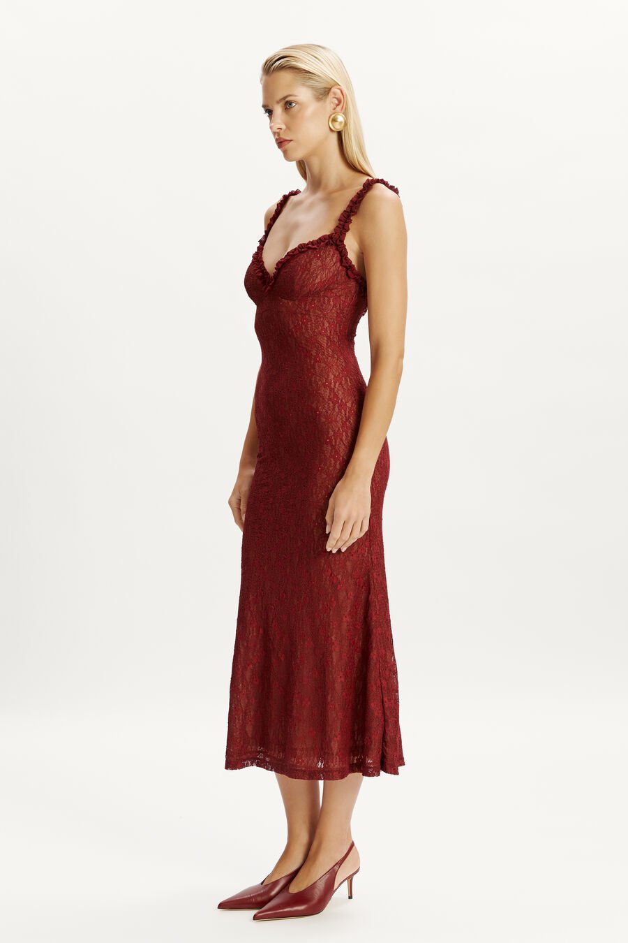 ALEGRA STRETCH LACE MIDI DRESS in colour BURGUNDY