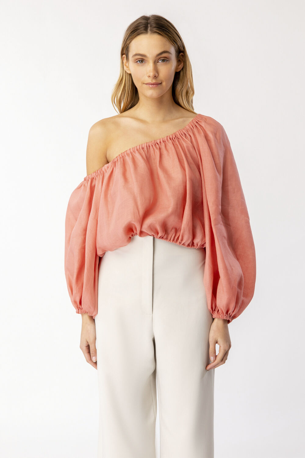 GIANNA ONE SHOULDER TOP in colour CORAL CLOUD
