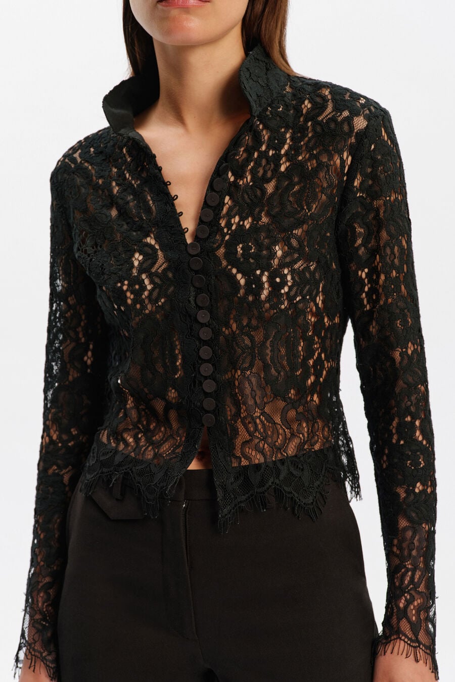 REMLY BUTTON FRONT LACE TOP in colour Black