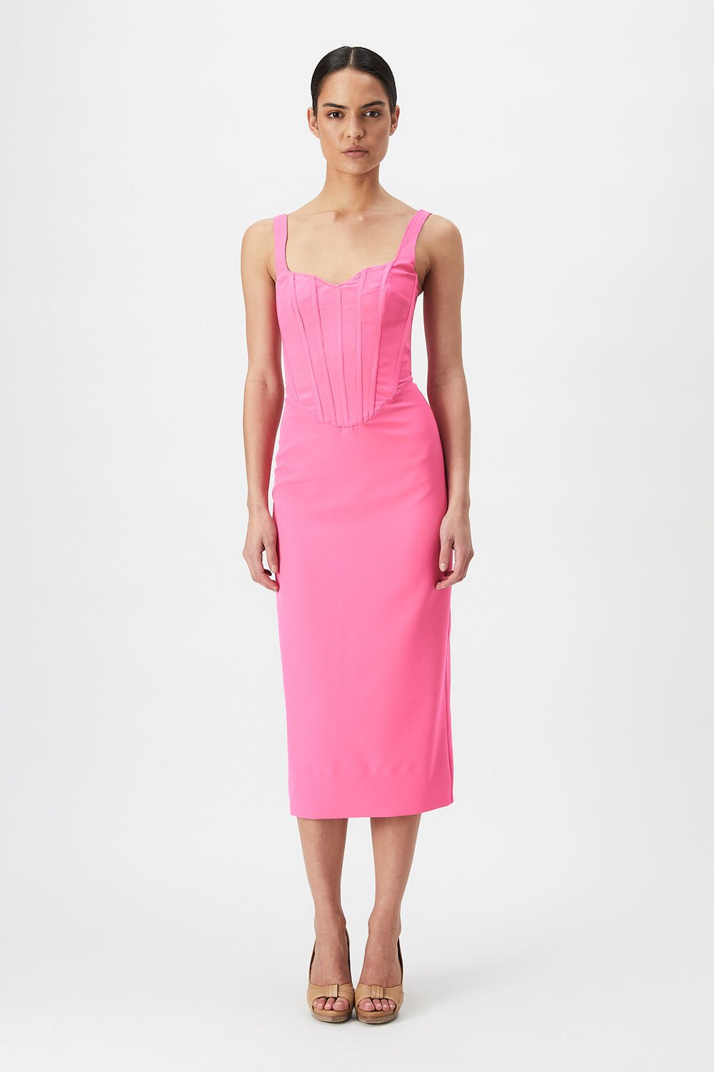 Fitted Corset Midi Dress In Lili Pink Bardot