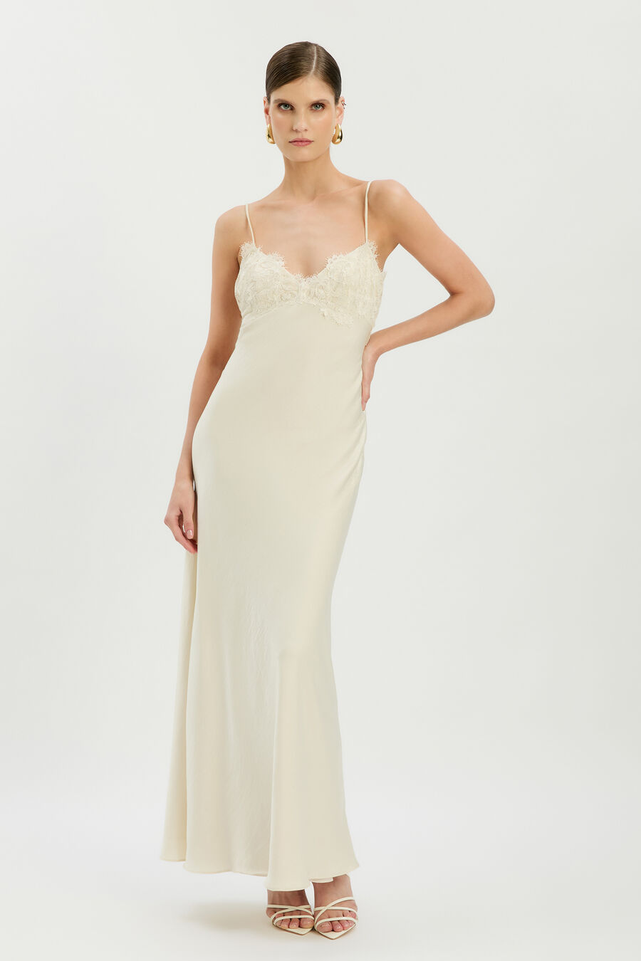 ELISAN LACE SATIN MAXI DRESS in colour IVORY