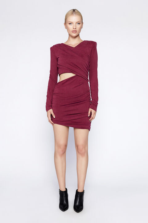 ROSA RUCHED MINI DRESS in colour BURGUNDY