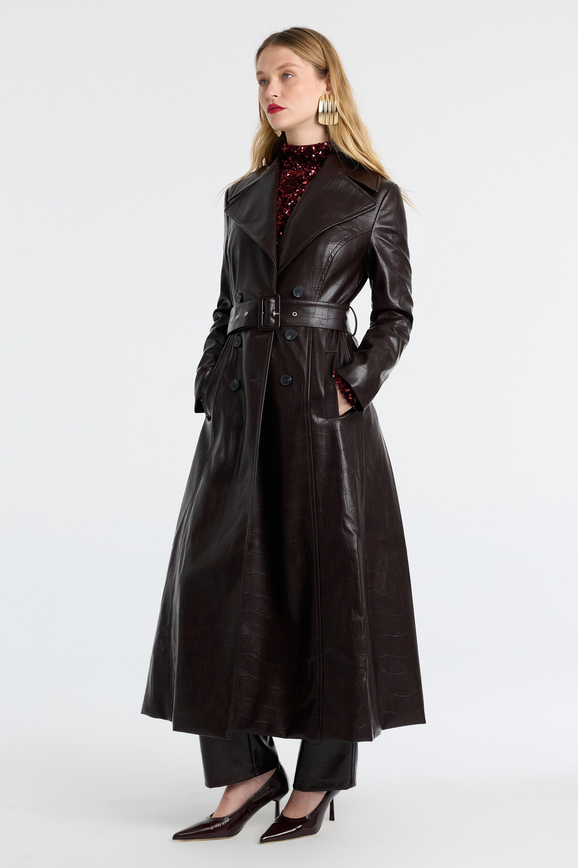 Andros Vegan Croc Leather Coat In Deep Plum | Bardot