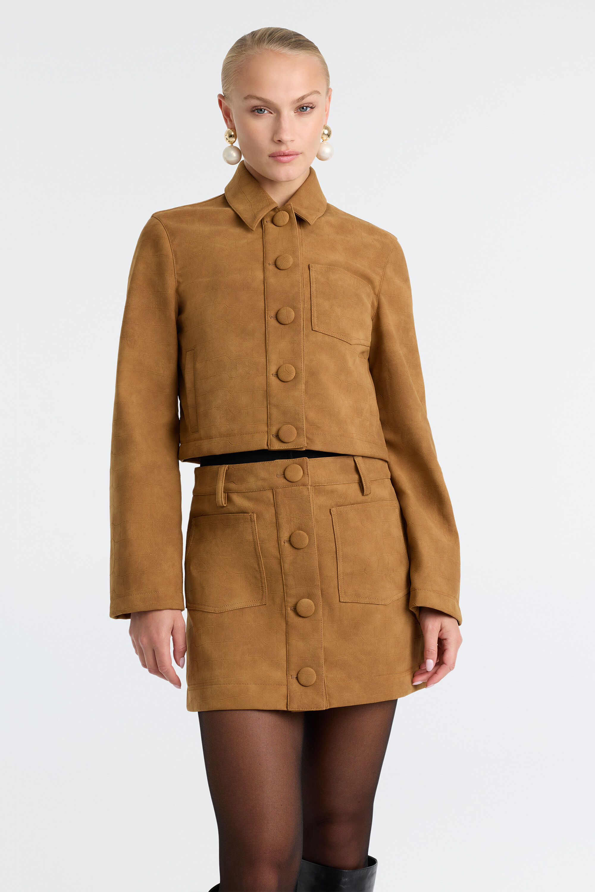 Lorenzo Croc Vegan Suede Shirt In Camel | Bardot