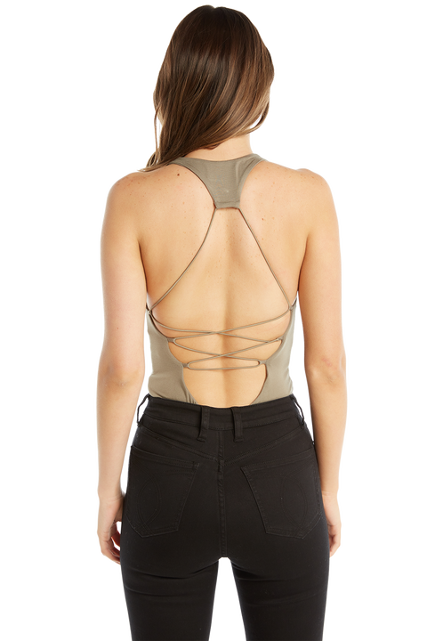 CROSS BACK BODYSUIT in colour DEEP LICHEN GREEN