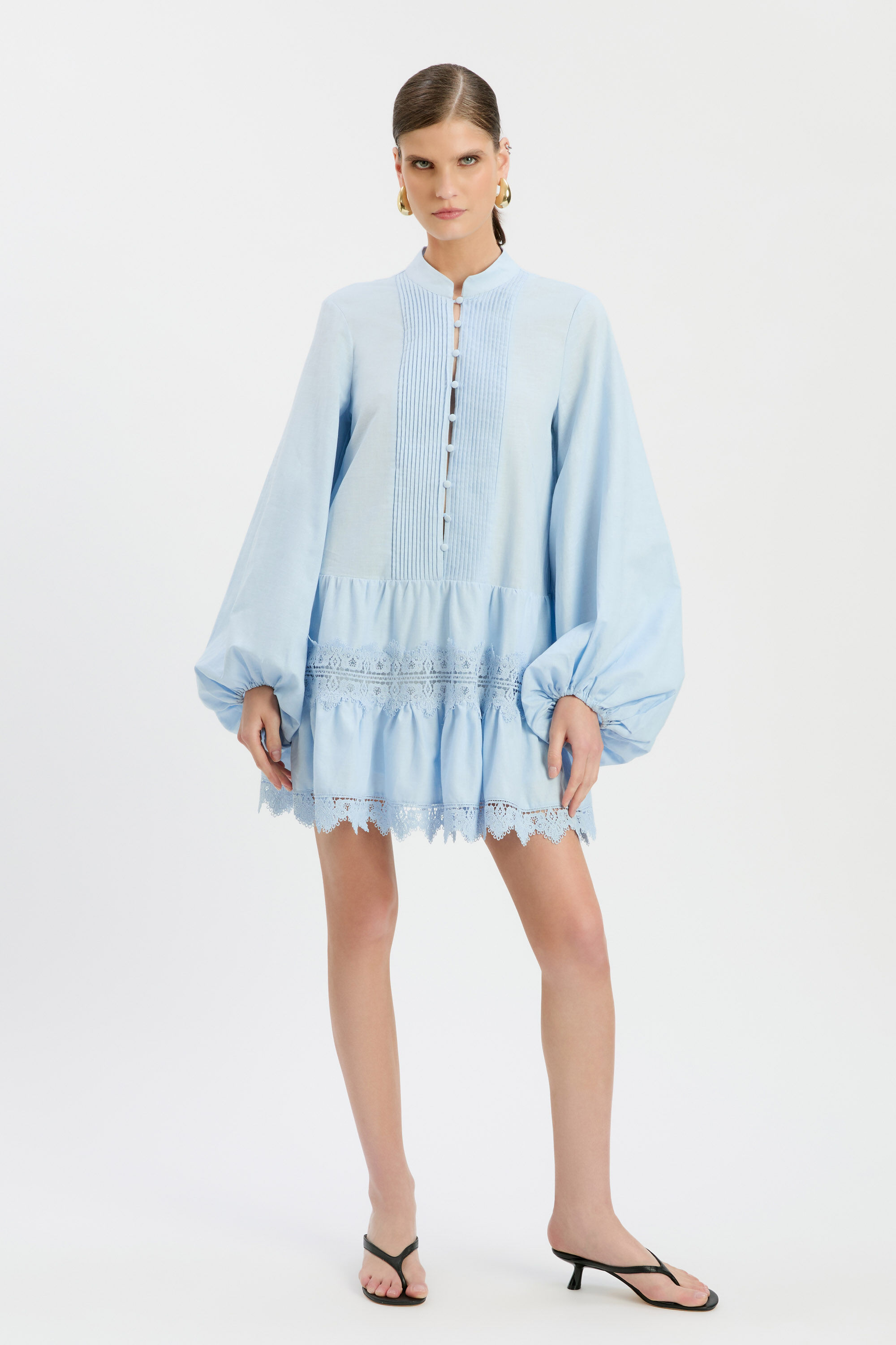 Antonia Lace Trim Mini Dress In Soft Blue | Bardot