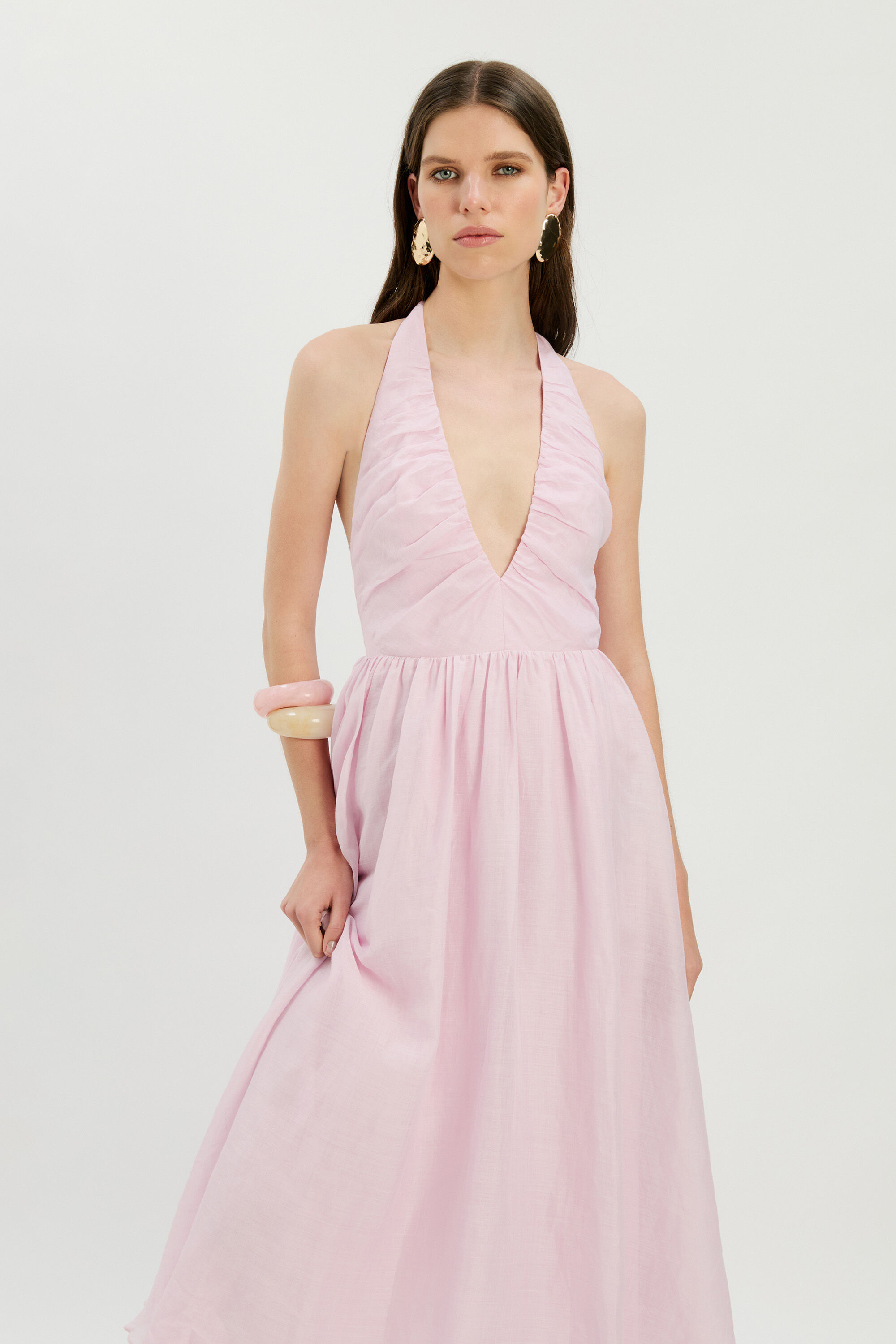 green emerald velvet dress Mew Mews Daiki Halterneck Ruched Maxi Dress in Pink
