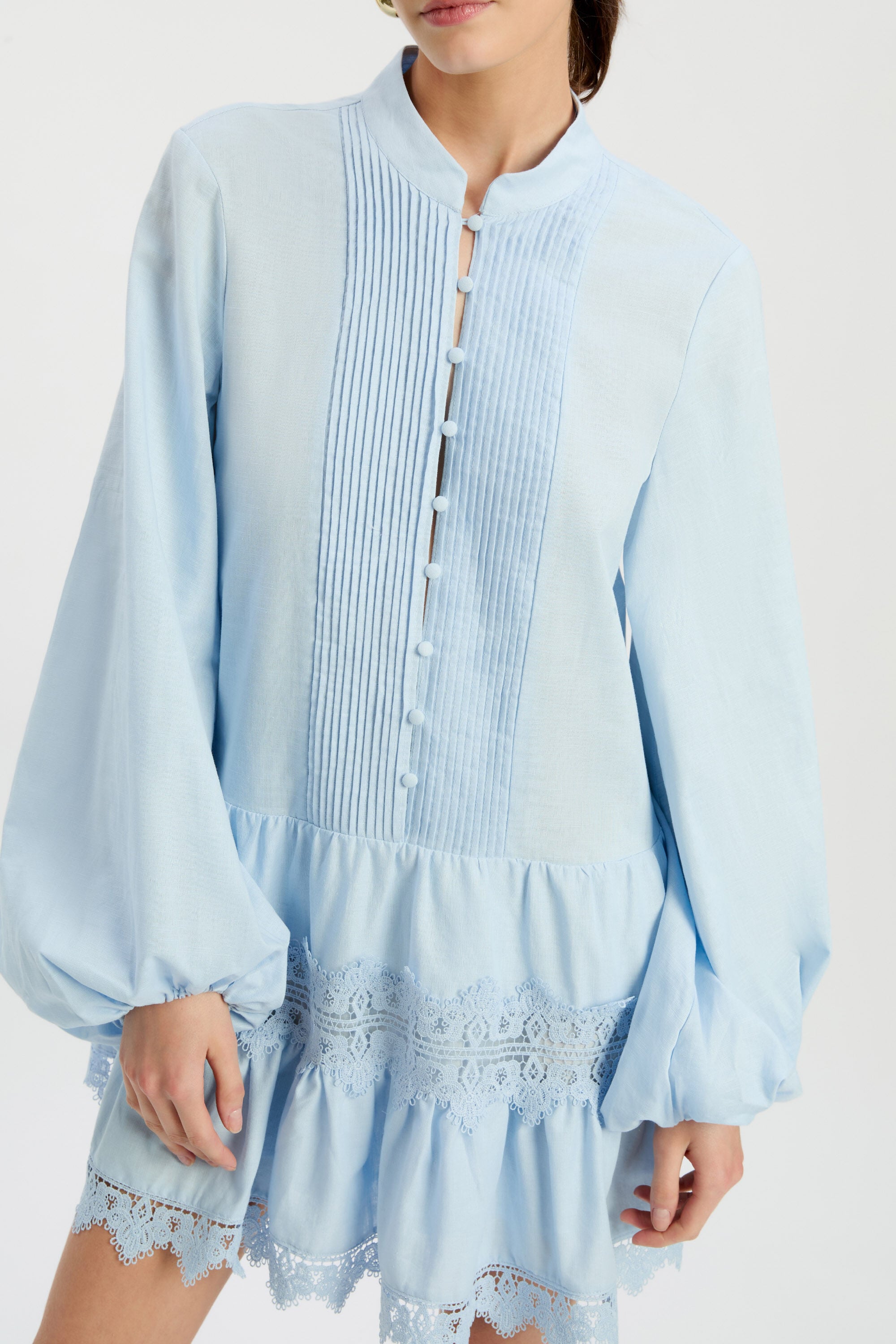 bardot antonia lace trim mini dress Bardot Antonia lace trim balloon sleeve button down mini dress in chocolate brown