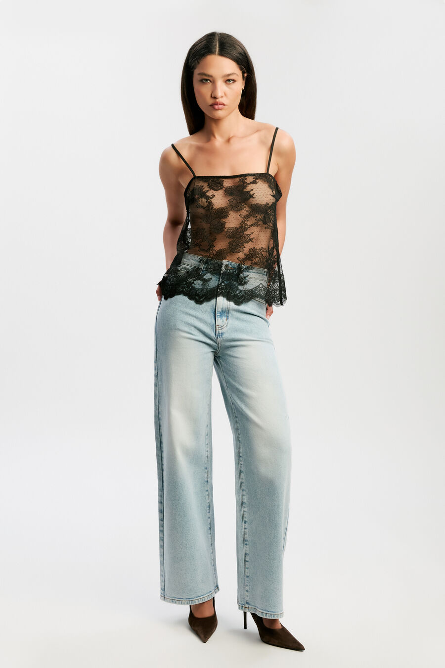 HILDIE SHEER LACE CAMI in colour BLACK