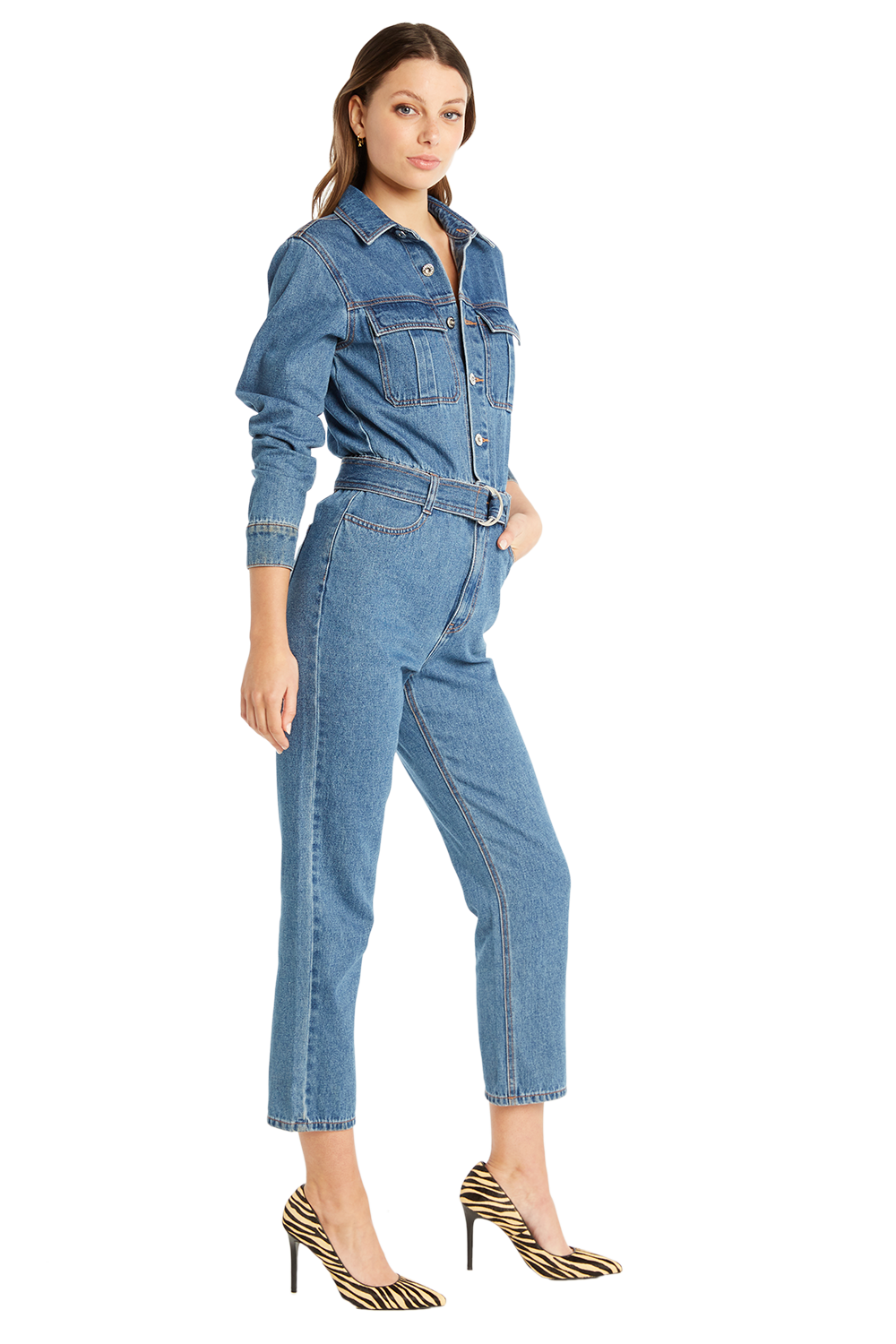 denim jumpsuit with heels