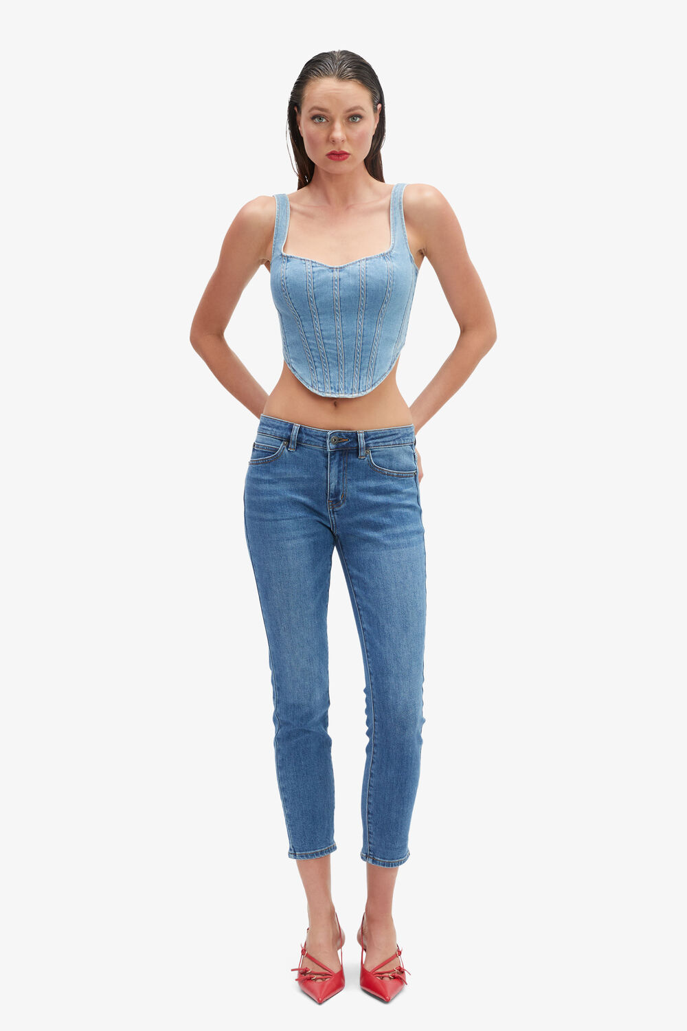 Denim Corset Bustier in Vintage Bardot