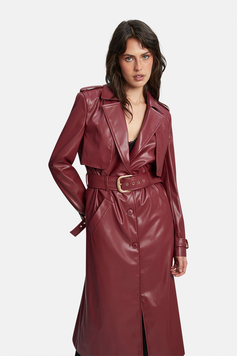 VEGAN LEATHER TRENCH COAT in colour BURGUNDY