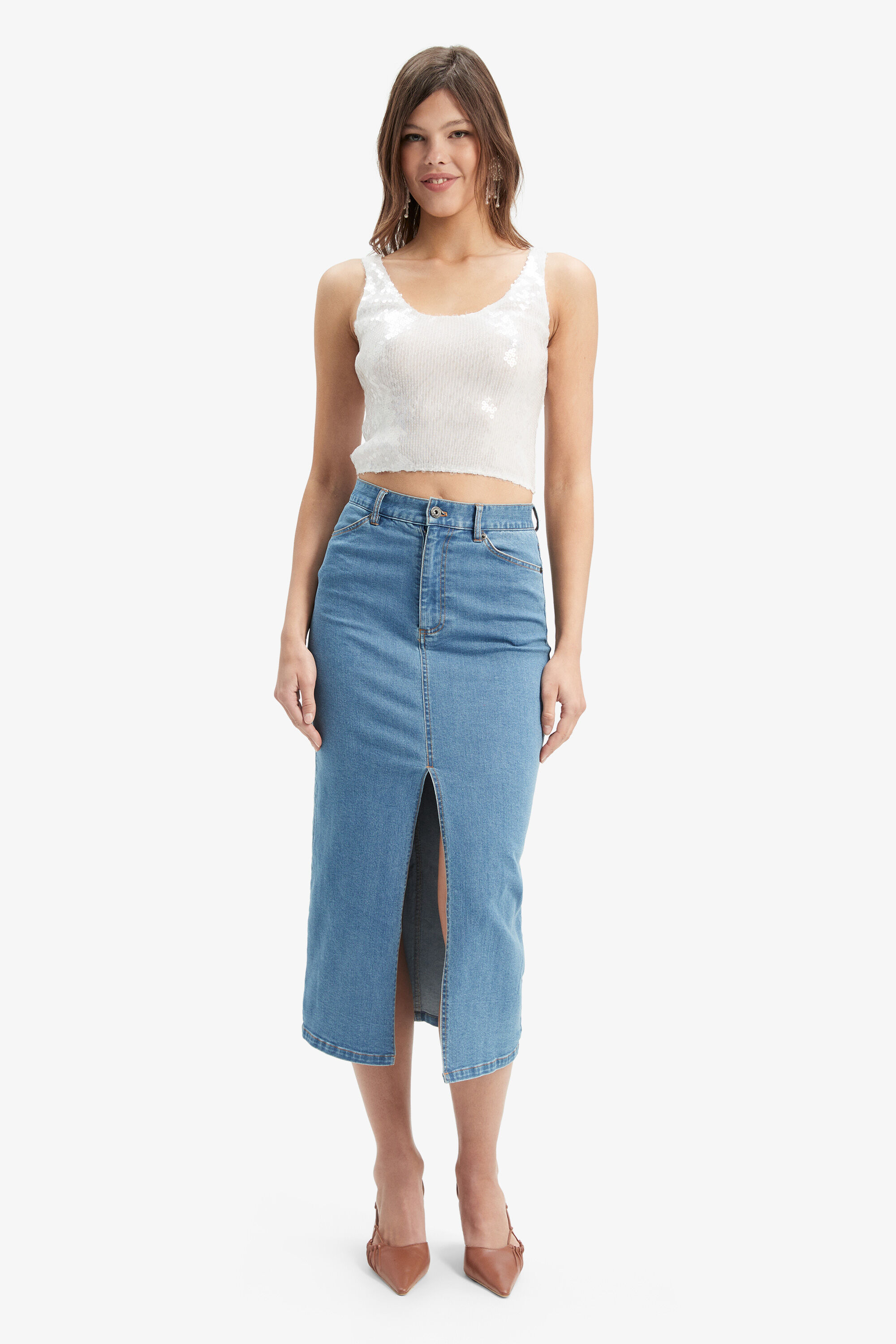 Demi Denim Midi Skirt In Vintage Bardot