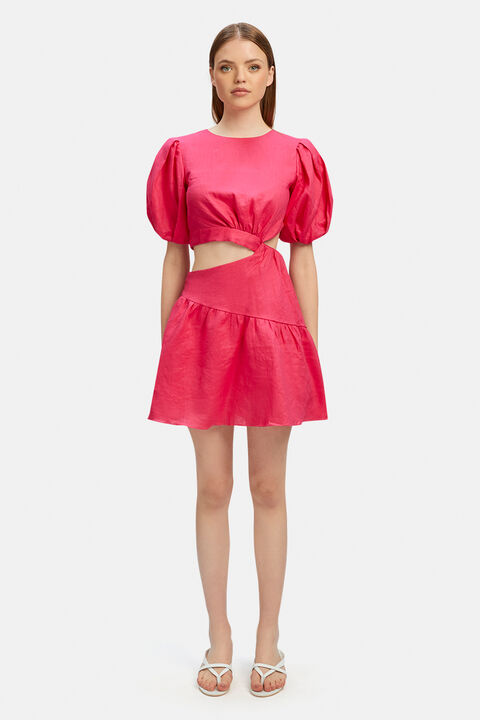 MIMI LINEN MINI DRESS in colour HOT PINK