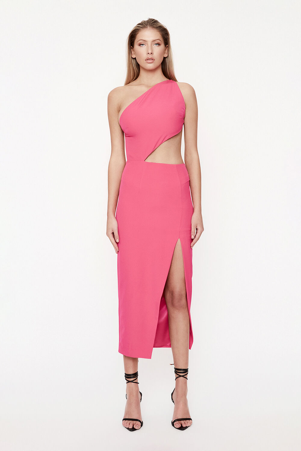 Luna Cut Out Midi Dress in Pink Punch 