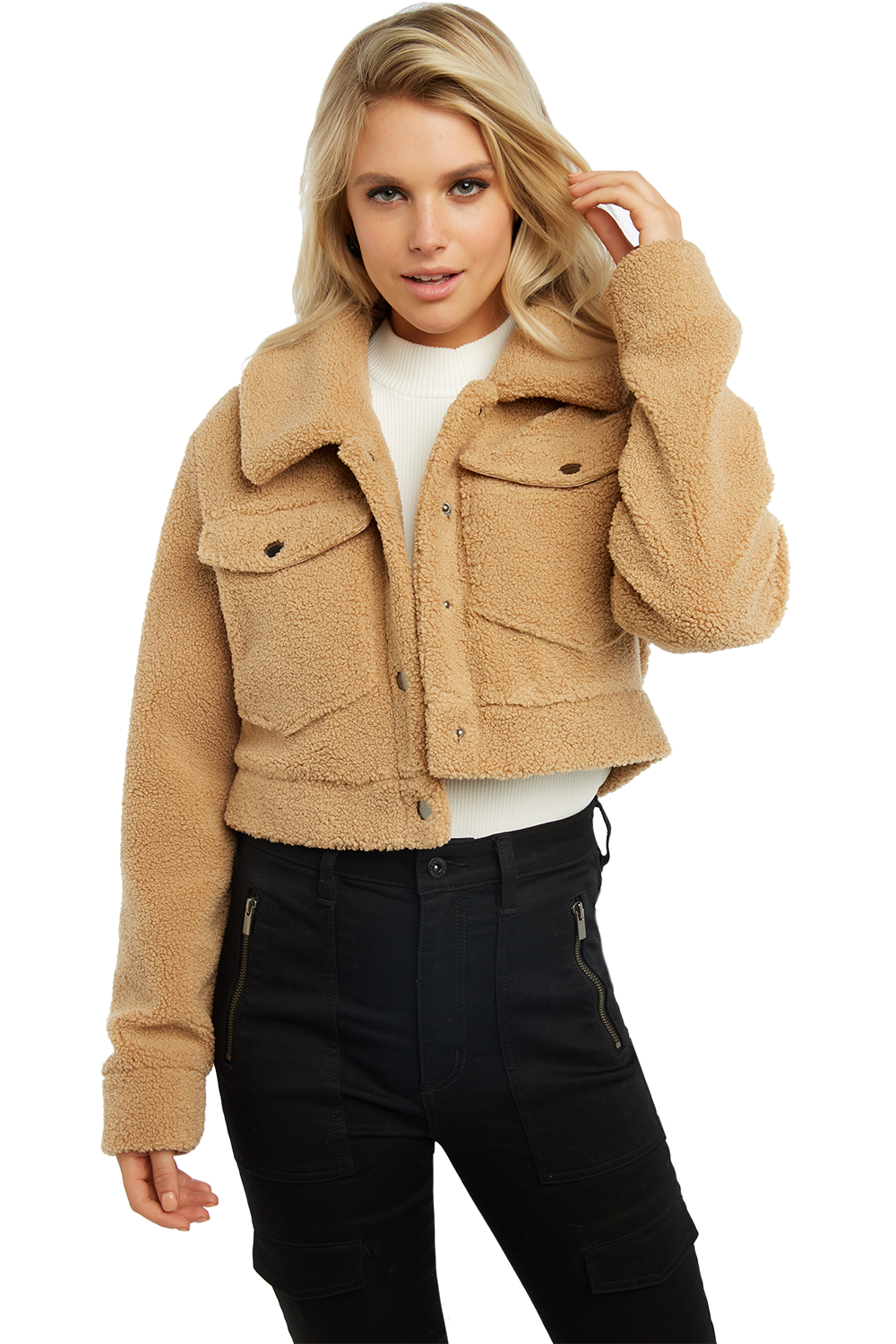 Crop Sherpa Jacket in Tan Bardot