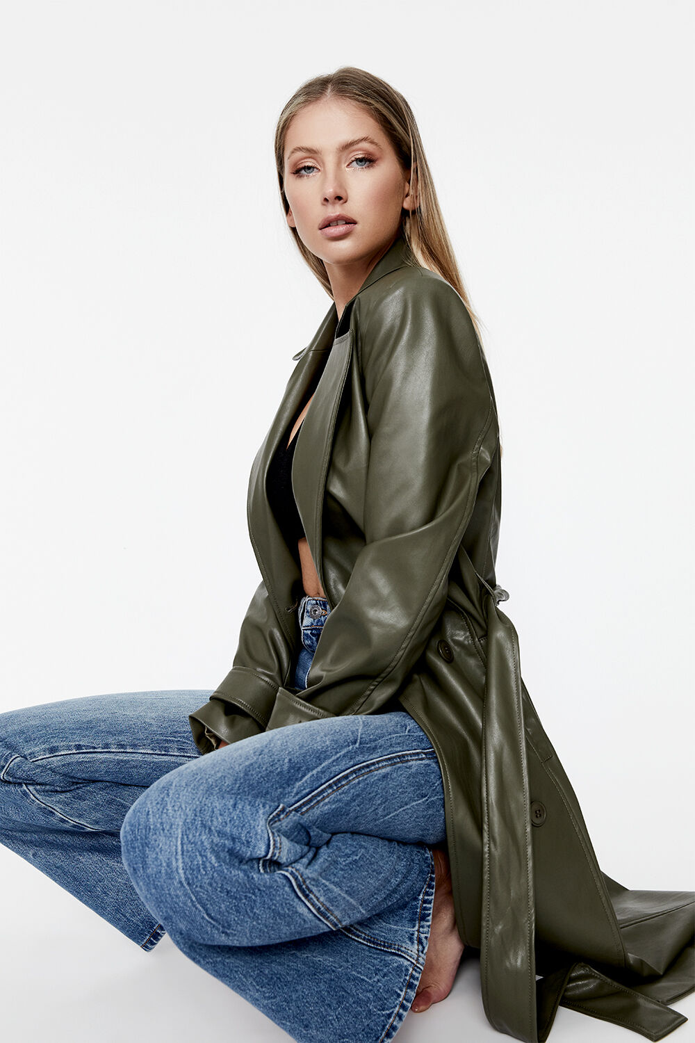 Vegan Leather Trench Coat In Khaki Bardot